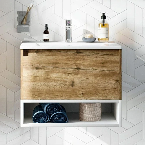 Тумба с раковиной STWORKI Карлстад 60 дуб рустикальный, с белой полкой 440544 Тумба с раковиной STWORKI Карлстад 60 дуб рустикальный, с белой полкой 440544