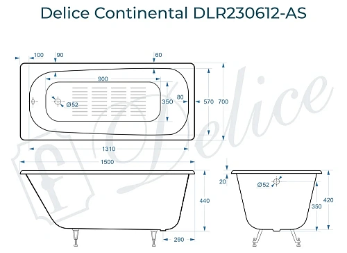 Ванна чугунная Delice Continental 1500х700 с антискользящим покрытием DLR230612-AS Ванна чугунная Delice Continental 1500х700 с антискользящим покрытием DLR230612-AS