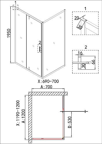 Душевой уголок Niagara Nova NG-43-12AG-A70G (120x70x195) прямоугольная, дверь распашная Душевой уголок Niagara Nova NG-43-12AG-A70G (120x70x195) прямоугольная, дверь распашная