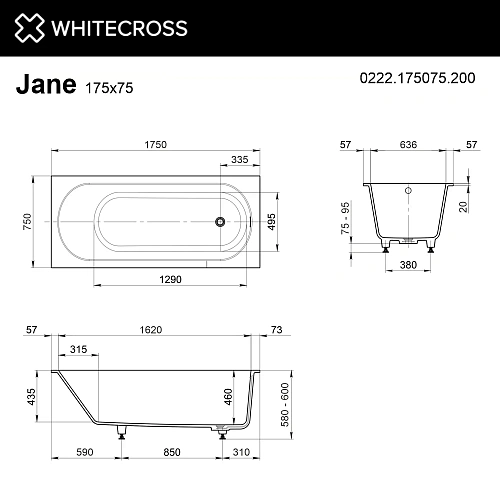 Ванна из искусственного камня WHITECROSS Jane 175x75 0222.175075.200 Solid Surface белый матовый Ванна из искусственного камня WHITECROSS Jane 175x75 0222.175075.200 Solid Surface белый матовый