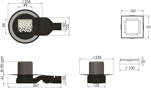 Душевой трап BERGES PLATZ Antik 100х100, хром глянец, S-сифон D50 H60 боковой 091160 Душевой трап BERGES PLATZ Antik 100х100, хром глянец, S-сифон D50 H60 боковой 091160