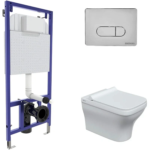 Комплект унитаза BERGES Strati Rimless с инсталляцией NOVUM кнопкой D3 хром глянец, сидение дюроплас 042450 Комплект унитаза BERGES Strati Rimless с инсталляцией NOVUM кнопкой D3 хром глянец, сидение дюроплас 042450