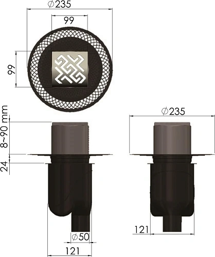 Душевой трап BERGES PLATZ Antik 100х100, золото глянец, S-сифон D50/105 H50 вертикальный 092060 Душевой трап BERGES PLATZ Antik 100х100, золото глянец, S-сифон D50/105 H50 вертикальный 092060