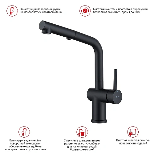 Смеситель для кухни Raglo R86.49.06 с выдвижным изливом, черный Смеситель для кухни Raglo R86.49.06 с выдвижным изливом, черный