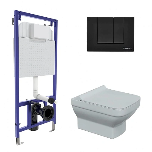 Комплект унитаза BERGES LEVEL Rimless с инсталляцией NOVUM525, кнопка S5 SoftTouch черная, сидение м 043211 Комплект унитаза BERGES LEVEL Rimless с инсталляцией NOVUM525, кнопка S5 SoftTouch черная, сидение м 043211