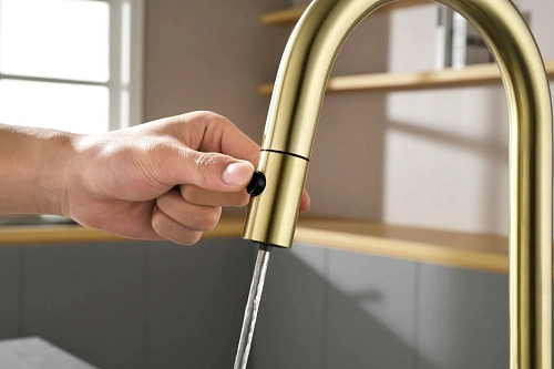 Смеситель для кухни AQUAme Cucina AQM9905BG с выдвижным изливом, с подключением к фильтру с питьевой водой, золото шлифованное Смеситель для кухни AQUAme Cucina AQM9905BG с выдвижным изливом, с подключением к фильтру с питьевой водой, золото шлифованное