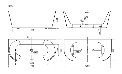 Акриловая ванна SANCOS Labo FB22 1700x800x580, пристенная, с каркасом, со сливом-переливом, донным клапаном"сlick-сlack", белый Акриловая ванна SANCOS Labo FB22 1700x800x580, пристенная, с каркасом, со сливом-переливом, донным клапаном"сlick-сlack", белый
