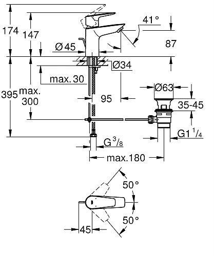 Смеситель для раковины GROHE BauEdge с ограничителем температуры и рычажным донным клапаном, размер 23894001 Смеситель для раковины GROHE BauEdge с ограничителем температуры и рычажным донным клапаном, размер 23894001