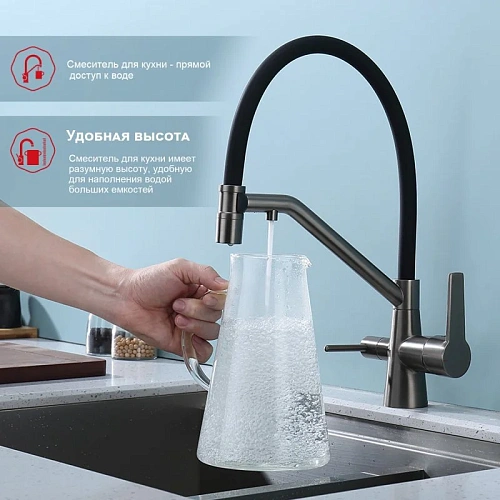 Смеситель для кухни Raglo R80.62.09 с гибким изливом с подключением к фильтру, графит Смеситель для кухни Raglo R80.62.09 с гибким изливом с подключением к фильтру, графит
