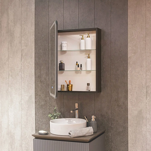 Зеркальный шкаф AQUAme AQM9204 левый, с подсветкой, подогревом и часами, корпус антрацит Зеркальный шкаф AQUAme AQM9204 левый, с подсветкой, подогревом и часами, корпус антрацит