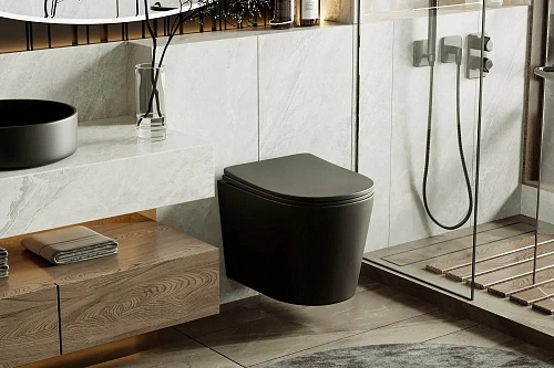 Унитаз подвесной ABBER Bequem AC1102TMB черный матовый, безободковый, смыв торнадо Унитаз подвесной ABBER Bequem AC1102TMB черный матовый, безободковый, смыв торнадо