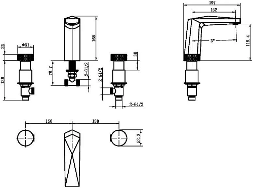 Смеситель на борт ванны Boheme Venturo 150-WG-DIAMOND на 3 отверстия белый-золото, ручка DIAMOND Смеситель на борт ванны Boheme Venturo 150-WG-DIAMOND на 3 отверстия белый-золото, ручка DIAMOND