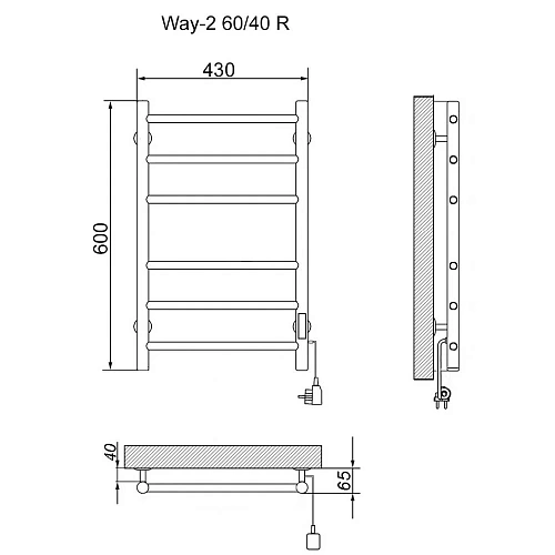Полотенцесушитель электрическийкабельный Ника WAY-2 60/40 RAL9005 черный матовый U Полотенцесушитель электрическийкабельный Ника WAY-2 60/40 RAL9005 черный матовый U