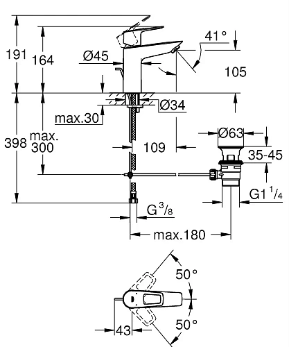 Смеситель для раковины GROHE BauLoop с ограничителем температуры и рычажным донным клапаном, размер 23885001 Смеситель для раковины GROHE BauLoop с ограничителем температуры и рычажным донным клапаном, размер 23885001