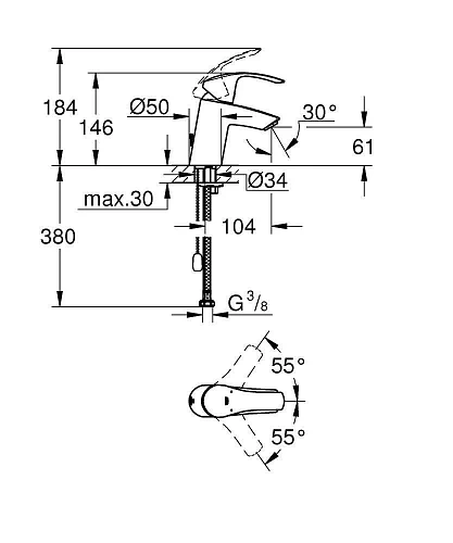Смеситель для раковины GROHE Eurosmart New (33188002) с цепочкой, хром Смеситель для раковины GROHE Eurosmart New (33188002) с цепочкой, хром