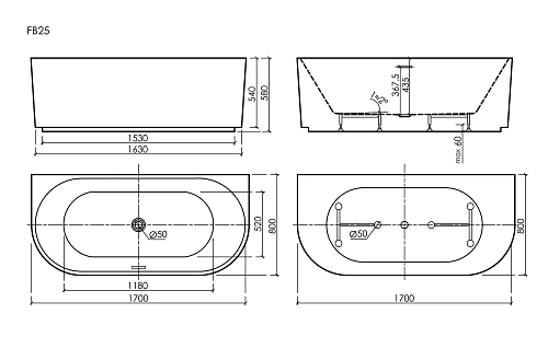 Акриловая ванна SANCOS Vivia FB25 1700x800x580, пристенная, с каркасом, со сливом-переливом, донным клапаном"сlick-сlack", белый Акриловая ванна SANCOS Vivia FB25 1700x800x580, пристенная, с каркасом, со сливом-переливом, донным клапаном"сlick-сlack", белый