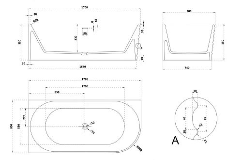Ванна из искусственного камня ABBER AS9651 L 170x80 левосторонняя, белая матовая, искусственный камень Ванна из искусственного камня ABBER AS9651 L 170x80 левосторонняя, белая матовая, искусственный камень
