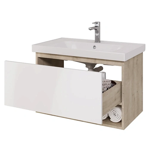 Тумба под раковину DREJA PERFECTO, 90 см, подвесная, 1 ящик, дуб эврика/белый глянец 99.0813 Тумба под раковину DREJA PERFECTO, 90 см, подвесная, 1 ящик, дуб эврика/белый глянец 99.0813