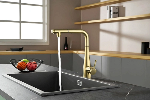 Смеситель для кухни AQUAme Cucina AQM9902BG с выдвижным изливом, золото шлифованное Смеситель для кухни AQUAme Cucina AQM9902BG с выдвижным изливом, золото шлифованное