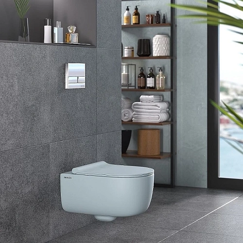 Унитаз подвесной BERGES EGO XL Rimless сиденье EGO XL Slim SO матовый голубой, микролифт , быстросъе 083229 Унитаз подвесной BERGES EGO XL Rimless сиденье EGO XL Slim SO матовый голубой, микролифт , быстросъе 083229