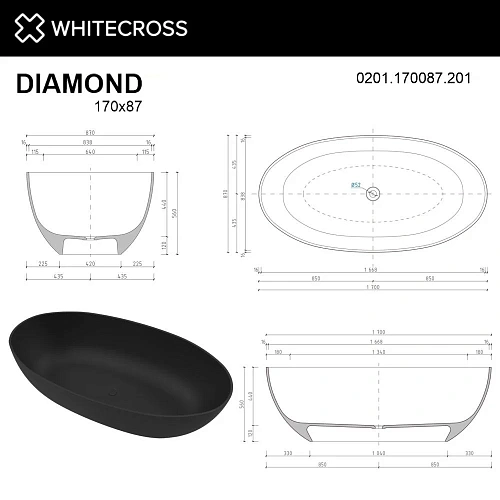 Ванна из искусственного камня WHITECROSS Diamond 170x87 (черный мат) искусственный камень 0201.17008 0201.170087.201 Ванна из искусственного камня WHITECROSS Diamond 170x87 (черный мат) искусственный камень 0201.17008 0201.170087.201