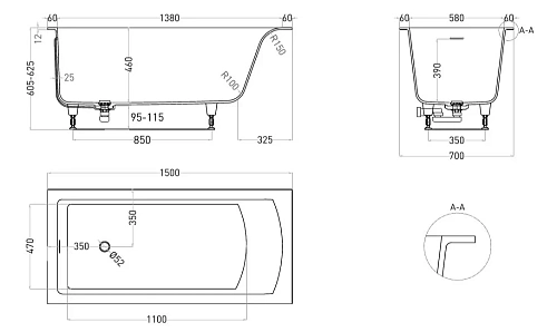 Ванна из искусственного камня Salini CASCATA KIT 150x70 105022MF покраска по RAL полностью S-Stone Ванна из искусственного камня Salini CASCATA KIT 150x70 105022MF покраска по RAL полностью S-Stone