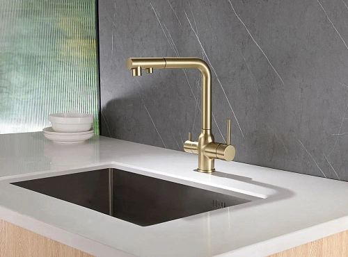 Смеситель для кухни ABBER Emotion AF8814G с подключением фильтра и выдвижной лейкой, золото матовое Смеситель для кухни ABBER Emotion AF8814G с подключением фильтра и выдвижной лейкой, золото матовое