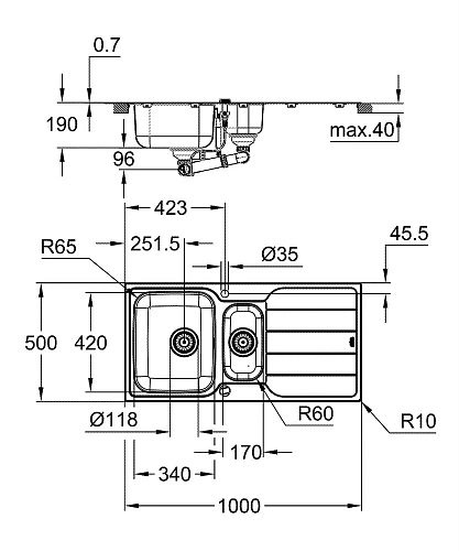 Кухонная мойка GROHE K500 с корзинчатым вентилем, нержавеющая сталь (31572SD1) Кухонная мойка GROHE K500 с корзинчатым вентилем, нержавеющая сталь (31572SD1)