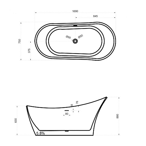 Ванна отдельностоящая ABBER AS9618 169x75 универсальная, белая матовая, искусственный камень Ванна отдельностоящая ABBER AS9618 169x75 универсальная, белая матовая, искусственный камень