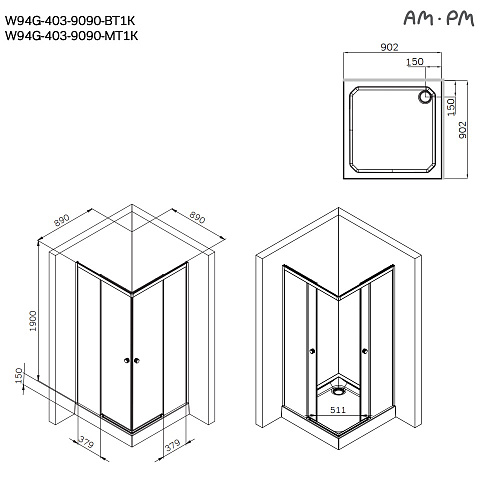 Душевой уголок AM.PM X-Joy W94G-403-9090-MT1K раздвижные двери 90x90 профиль хром матовый, стекло прозрачное Душевой уголок AM.PM X-Joy W94G-403-9090-MT1K раздвижные двери 90x90 профиль хром матовый, стекло прозрачное