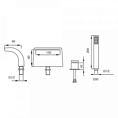 Смеситель на борт ванны Vega Onda Lux (4 элемента) 911715125 Смеситель на борт ванны Vega Onda Lux (4 элемента) 911715125