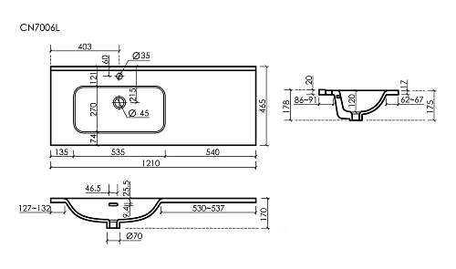 Раковина Ceramica Nova Element CN7006L мебельная с отверстием под смеситель чаша слева 1210x465x180 мм белый Раковина Ceramica Nova Element CN7006L мебельная с отверстием под смеситель чаша слева 1210x465x180 мм белый