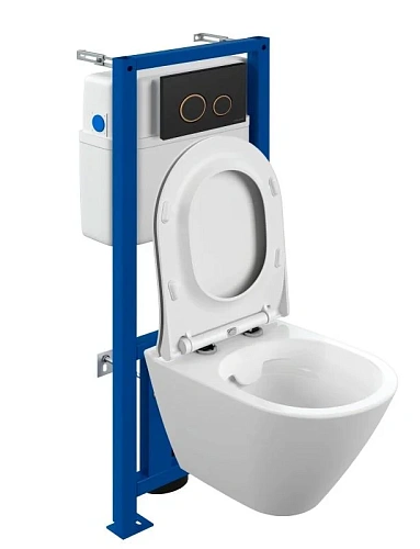 Комплект унитаза Cersanit CITY SMART (A68308) инсталляции LINK PRO и клавиши смыва TWINS пластик черный матовый с рамкой золото LP 68308 Комплект унитаза Cersanit CITY SMART (A68308) инсталляции LINK PRO и клавиши смыва TWINS пластик черный матовый с рамкой золото LP 68308