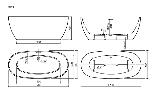 Акриловая ванна SANCOS Oval FB21 1700x800x580, отдельностоящая, овальная, с каркасом, со сливом-переливом, донным клапаном"сlick-сlack", белый Акриловая ванна SANCOS Oval FB21 1700x800x580, отдельностоящая, овальная, с каркасом, со сливом-переливом, донным клапаном"сlick-сlack", белый