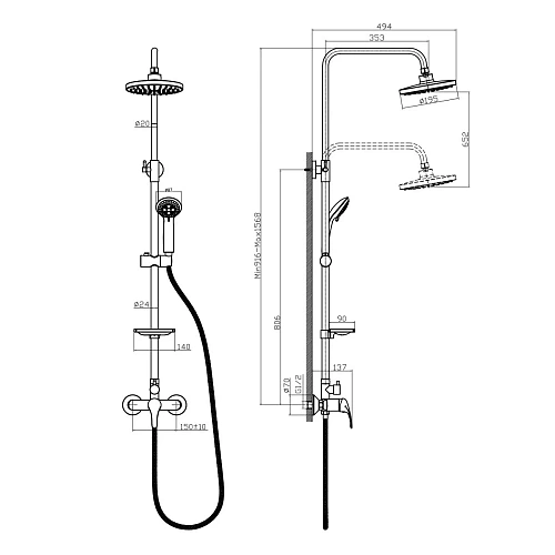 Душевая система Rossinka A35-45 с регулируемой высотой штанги Душевая система Rossinka A35-45 с регулируемой высотой штанги