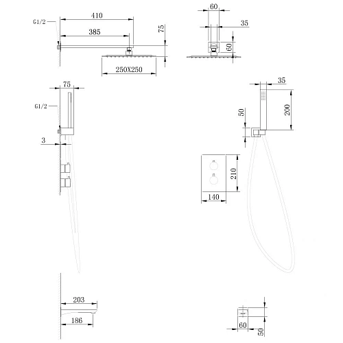 Душевая система ABBER Weiss Insel AF8050 скрытого монтажа с изливом, термостат, хром Душевая система ABBER Weiss Insel AF8050 скрытого монтажа с изливом, термостат, хром