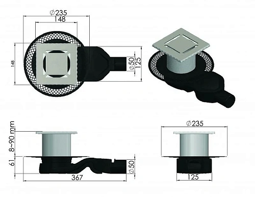 Душевой трап BERGES PLATZ Norma 150х150, матовый хром, S-сифон D50 H60 боковой 090159 Душевой трап BERGES PLATZ Norma 150х150, матовый хром, S-сифон D50 H60 боковой 090159