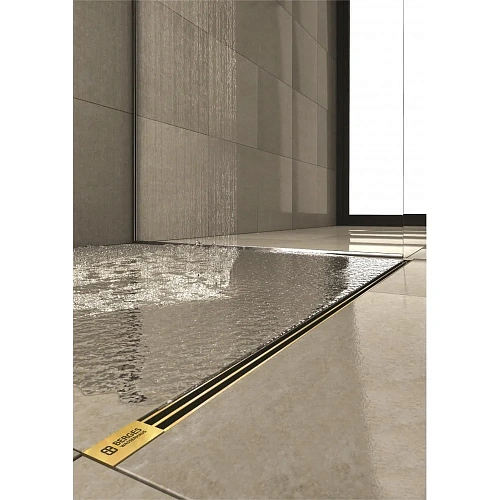 Душевой лоток BERGES SUPER Slim 600 нержавеющая сталь, решетка золото глянец, S-сифон D50 боковой 092152 Душевой лоток BERGES SUPER Slim 600 нержавеющая сталь, решетка золото глянец, S-сифон D50 боковой 092152