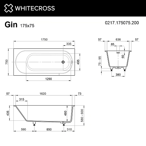 Ванна из искусственного камня WHITECROSS Gin 175x75 белый матовый 0217.175075.200 Ванна из искусственного камня WHITECROSS Gin 175x75 белый матовый 0217.175075.200